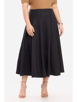 Virgio - Solid Cotton Panelled Flared Plus Size Midi Skirt