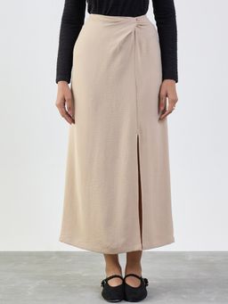 Femmella - Beige Front Twist Detail Midi Skirt