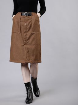 TOKYO TALKIES - Women Brown Knee Length Solid Straight Skirt with Belt