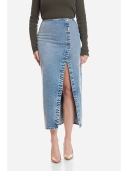 Virgio - Solid Cotton Denim Wrap Midi Skirt