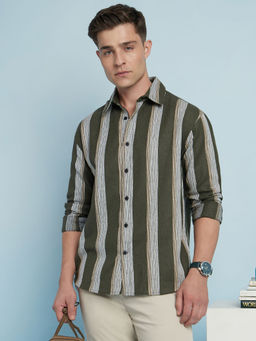 Dennis Lingo - Olive Men's Cotton Blend Relaxed Fit Striped Shirt