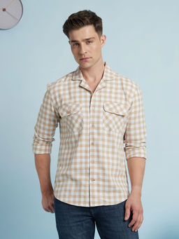 Dennis Lingo - Beige Men's Cotton Regular Fit Checks Shirt