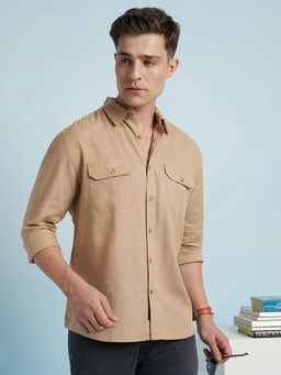 Dennis Lingo - Beige Men's Linen Blend Regular Fit Solid Shirt