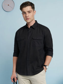 Dennis Lingo - Black Men's Linen Blend Regular Fit Solid Shirt