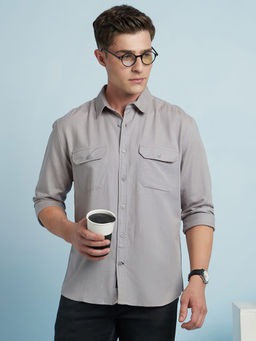 Dennis Lingo - Grey Men's Linen Blend Regular Fit Solid Shirt