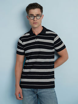Dennis Lingo - Black Men's Cotton Blend Stripe Polo T-Shirt