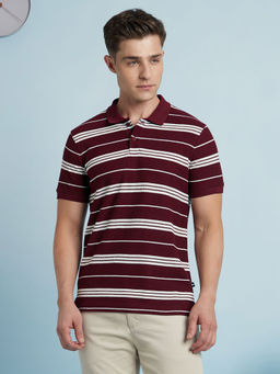 Dennis Lingo - Maroon Men's Cotton Blend Stripe Polo T-Shirt
