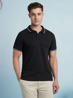 Dennis Lingo - Black Men's Cotton Regular Fit Textured Polo T-Shirt