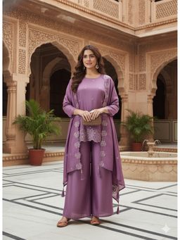 MOKOSH - Women Lavender Sequins Embroidered Silk Straight Kurta with Palazzo and Dupatta