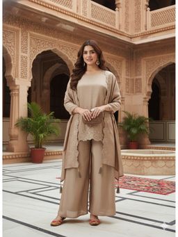 MOKOSH - Women Beige Sequins Embroidered Silk Straight Kurta with Palazzo and Dupatta