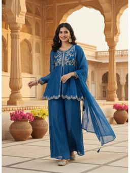 MOKOSH - Women Blue Embroidered Silk Peplum Kurta with Palazzo and Dupatta