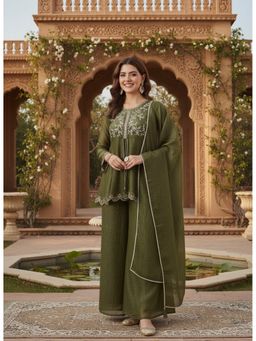 MOKOSH - Women Green Embroidered Silk Peplum Kurta with Palazzo and Dupatta