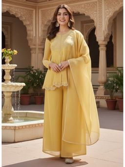 MOKOSH - Women Yellow Embroidered Silk Peplum Kurta with Palazzo and Dupatta