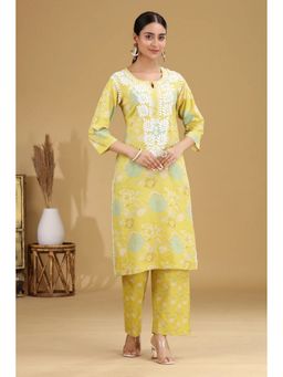 Cotton Culture - Lime Green Embroidered Cotton Straight Kurta and Palazzo