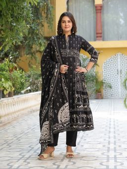 MEENA BAZAAR - Black Printed Cotton Anarkali Kurta with Pant and Dupatta