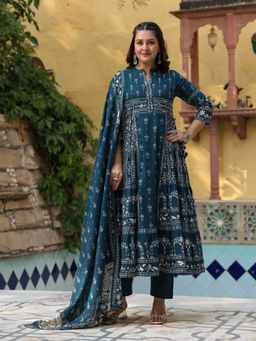 MEENA BAZAAR - Blue Printed Cotton Anarkali Kurta with Pant and Dupatta
