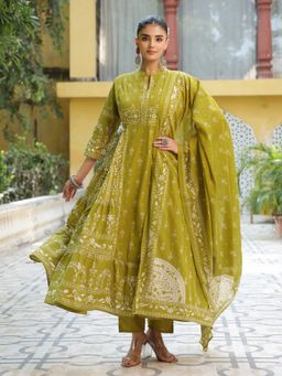 MEENA BAZAAR - Green Printed Cotton Anarkali Kurta with Pant and Dupatta