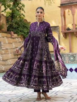 MEENA BAZAAR - Purple Printed Cotton Anarkali Kurta with Pant and Dupatta