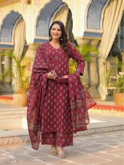 MEENA BAZAAR - Maroon Printed Cotton Kurta with Palazzo and Dupatta