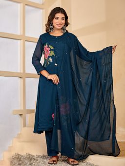 MEENA BAZAAR - Blue Embroidered Cotton Kurta with Pant and Dupatta
