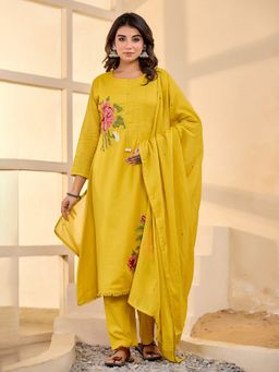 MEENA BAZAAR - Yellow Embroidered Cotton Kurta with Pant and Dupatta