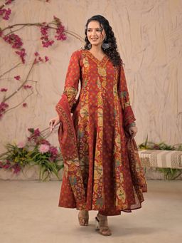 MEENA BAZAAR - Red Kalamkari Printed Cotton Anarkali Kurta with Palazzo and Dupatta