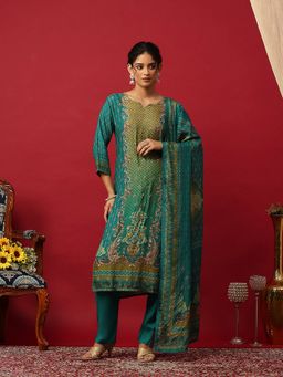 MEENA BAZAAR - Green Printed Muslin Kurta with Pant and Dupatta