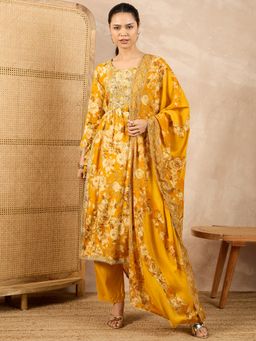 CHETI - Women Mustard Raw Silk Floral Printed Kurta with Pant and Dupatta