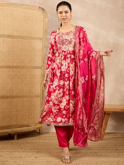 CHETI - Women Pink Raw Silk Floral Printed Kurta with Pant and Dupatta
