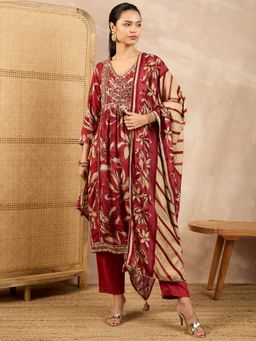 CHETI - Women Maroon Raw Silk Floral Printed Kurta with Pant and Dupatta