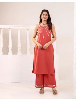 STUDIO MISRI - Peach Embroidered Mirror Work Kurta and Palazzo