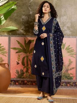 Vastramyaa - Women Blue Geometric Printed Kurta with Pant and Dupatta