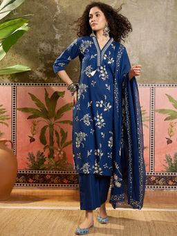 Vastramyaa - Women Teal Blue Floral Printed Kurta with Pant and Dupatta