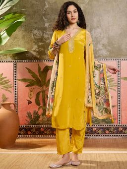Vastramyaa - Women Mustard Embroidered Kurta with Pant and Dupatta