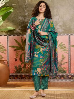 Vastramyaa - Women Teal Blue Floral Printed Kurta with Pant and Dupatta