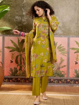 Vastramyaa - Women Mustard Floral Printed Kurta with Pant and Dupatta