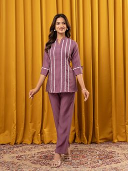 WEAVLLITE - Purple Rayon Lace Design Kurta and Pant
