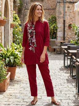 Zolo Label - Women Maroon Organic Cotton Embroidered Tunic with Pant