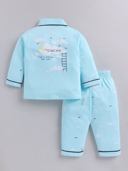 Clt.s - Blue Typography Cotton Full Sleeves Shirt with Pyjama