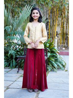 Misbis - Elegant Gold Brocade Front-Slit Kurta with Flared Palazzos