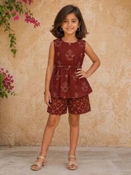 The Magic Wand - Cotton Sleeveless Floral Printed Peplum Top & Shorts - Rust
