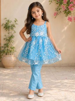 The Magic Wand - Floral Embroidered Anarkali Kurta & Pant - Blue