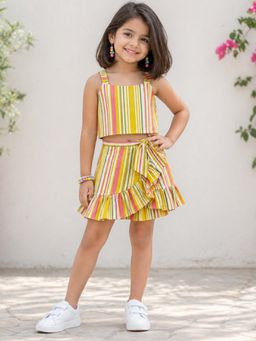 The Magic Wand - Cotton Strappy Stripes Printed Top & Wrap Style Skirt - Yellow