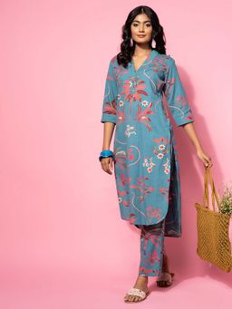 Libas - Blue Floral Printed Straight Kurta with Pant (Set of 2)