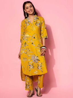 Libas - Mustard Floral Printed Straight Co-ord (Set of 2)
