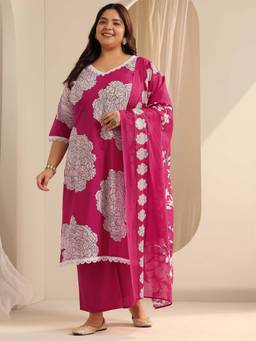 Extra love by Libas - Plus Size Women Pink Straight Kurta and Pant with Dupatta