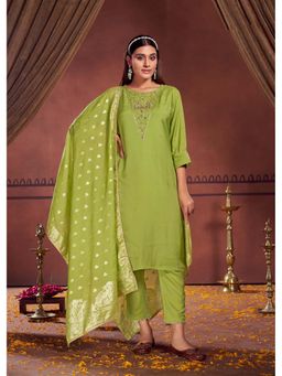 BulBul - Adab Muslin Green Kurta and Pant with Dupatta (Set of 3)