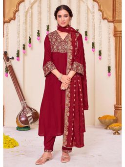 BulBul - Ashima Red Muslin Kurta and Pant with Dupatta (Set of 3)