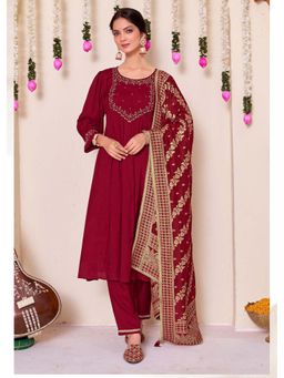 BulBul - Gayatri Muslin Red Kurta and Pant with Dupatta (Set of 3)