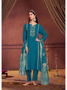 BulBul - Nafisa Muslin Teal Kurta and Pant with Dupatta (Set of 3)